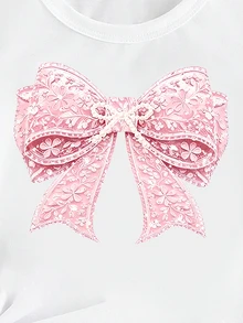 Elladie kids Girls' Fresh Minimalist Pink Floral & Bow Print Basic White Short Sleeve T-Shirt, Comfortable Summer Daily Outfit - White - View 8