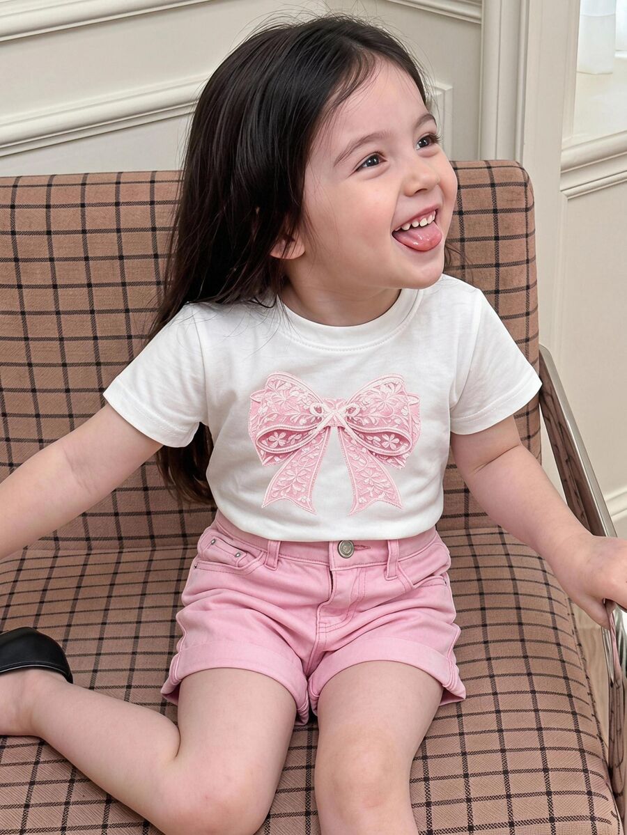 Elladie kids Girls' Fresh Minimalist Pink Floral & Bow Print Basic White Short Sleeve T-Shirt, Comfortable Summer Daily Outfit - White - View 1