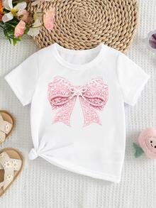 Elladie kids Girls' Fresh Minimalist Pink Floral & Bow Print Basic White Short Sleeve T-Shirt, Comfortable Summer Daily Outfit - White - View 5