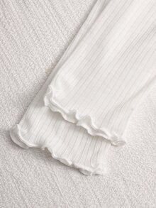 SHEIN 少女秋季灰色紋理針織布料甜美泡泡袖拉鍊開襟 3D 大小珍珠裝飾肩部優雅短款長袖夾克 - 白色 - 查看 5