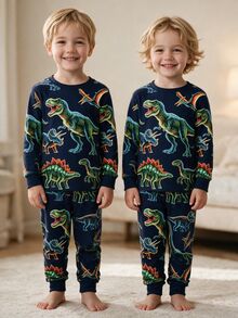 2pcs Young Boys Glow-In-The-Dark Colorful Dinosaur Print Pajama Set, Long Sleeve Top And Pants, Navy Blue Snug Fit Knit Winter Family Matching - Multicolor - View 1