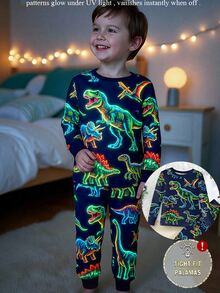 2pcs Young Boys Glow-In-The-Dark Colorful Dinosaur Print Pajama Set, Long Sleeve Top And Pants, Navy Blue Snug Fit Knit Winter Family Matching - Multicolor - View 5