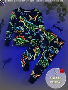 2pcs Young Boys Glow-In-The-Dark Colorful Dinosaur Print Pajama Set, Long Sleeve Top And Pants, Navy Blue Snug Fit Knit Winter Family Matching - Multicolor - View 6