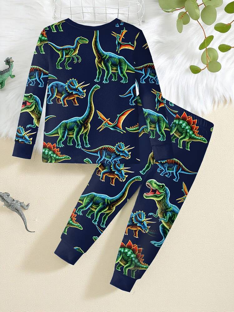 2pcs Young Boys Glow-In-The-Dark Colorful Dinosaur Print Pajama Set, Long Sleeve Top And Pants, Navy Blue Snug Fit Knit Winter Family Matching - Multicolor - View 2