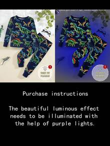 2pcs Young Boys Glow-In-The-Dark Colorful Dinosaur Print Pajama Set, Long Sleeve Top And Pants, Navy Blue Snug Fit Knit Winter Family Matching - Multicolor - View 7