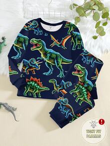 2pcs Young Boys Glow-In-The-Dark Colorful Dinosaur Print Pajama Set, Long Sleeve Top And Pants, Navy Blue Snug Fit Knit Winter Family Matching - Multicolor - View 4