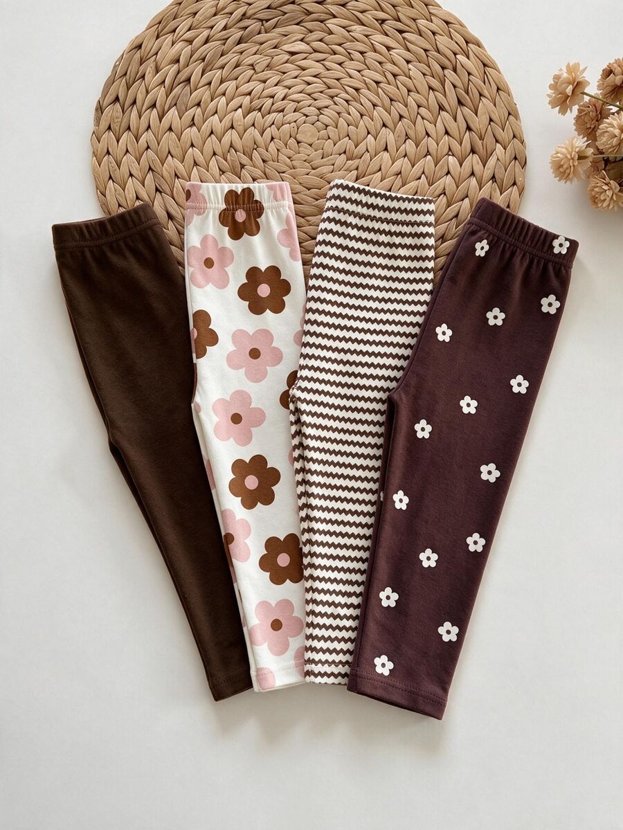 SHEIN Vintaside Kids 4件組女嬰可愛緊身褲，巧克力棕、米白色、白色花卉，純色柔軟布料長褲，秋季休閒復古正式幼兒房風格