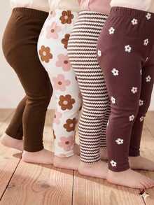 SHEIN Vintaside Kids 4件装女婴休闲百搭复古碎花、条纹、纯棕色打底裤，面料柔软，物超所值，适合春夏室内休闲或户外玩耍 - 黑色 - 查看 1