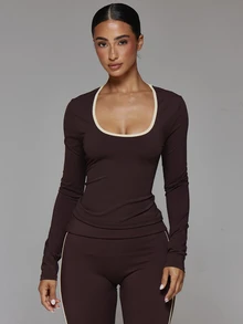Musera Sport Contrast Colour Edge Scoop Neck Long Sleeve Fitted Active Top Fall Autumn Winter Gym Workout Cute - Chocolate Brown - View 1