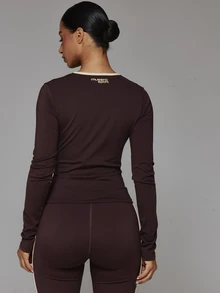 Musera Sport Contrast Colour Edge Scoop Neck Long Sleeve Fitted Active Top Fall Autumn Winter Gym Workout Cute - Chocolate Brown - View 5