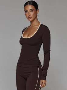 Musera Sport Contrast Colour Edge Scoop Neck Long Sleeve Fitted Active Top Fall Autumn Winter Gym Workout Cute - Chocolate Brown - View 4