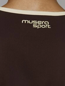 Musera Sport Contrast Colour Edge Scoop Neck Long Sleeve Fitted Active Top Fall Autumn Winter Gym Workout Cute - Chocolate Brown - View 6
