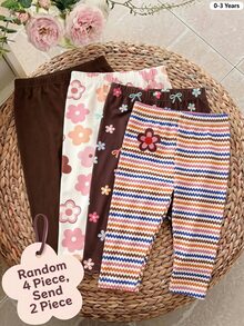 Playful Pals 4pcs Baby Girls' Soft Leggings, All Chocolate Brown Pink Dark Brown Blue And White Striped, Autumn, Cute, Holiday, Floral Bow Pattern Pants, Casual - Multicolor - View 1