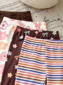 Playful Pals 4pcs Baby Girls' Soft Leggings, All Chocolate Brown Pink Dark Brown Blue And White Striped, Autumn, Cute, Holiday, Floral Bow Pattern Pants, Casual - Multicolor - View 5