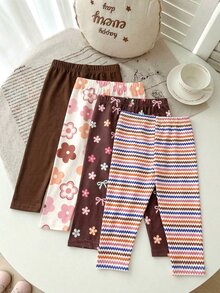 Playful Pals 4pcs Baby Girls' Soft Leggings, All Chocolate Brown Pink Dark Brown Blue And White Striped, Autumn, Cute, Holiday, Floral Bow Pattern Pants, Casual - Multicolor - View 2