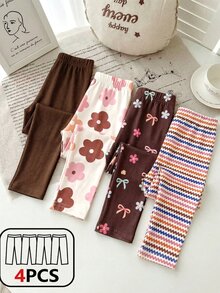 Playful Pals 4pcs Baby Girls' Soft Leggings, All Chocolate Brown Pink Dark Brown Blue And White Striped, Autumn, Cute, Holiday, Floral Bow Pattern Pants, Casual - Multicolor - View 6