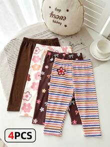 Playful Pals 4pcs Baby Girls' Soft Leggings, All Chocolate Brown Pink Dark Brown Blue And White Striped, Autumn, Cute, Holiday, Floral Bow Pattern Pants, Casual - Multicolor - View 4