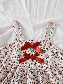 SHEIN Elladie kids 2件組女童4Y-7Y甜美碎花蝴蝶結裝飾無袖背心上衣與短褲套裝，輕盈休閒夏季日常穿著套裝 - 棕色 - 查看 4