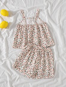 SHEIN Elladie kids 2件組女童4Y-7Y甜美碎花蝴蝶結裝飾無袖背心上衣與短褲套裝，輕盈休閒夏季日常穿著套裝 - 棕色 - 查看 2