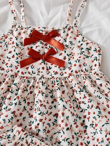 SHEIN Elladie kids 2件組女童4Y-7Y甜美碎花蝴蝶結裝飾無袖背心上衣與短褲套裝，輕盈休閒夏季日常穿著套裝 - 棕色 - 查看 6