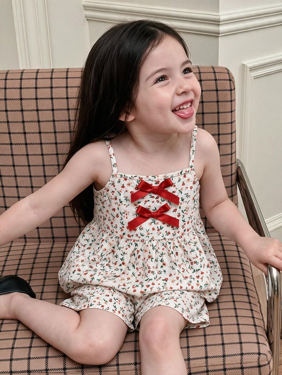 SHEIN Elladie kids 2件組女童4Y-7Y甜美碎花蝴蝶結裝飾無袖背心上衣與短褲套裝,輕盈休閒夏季日常穿著套裝 - 棕色 - 查看 1