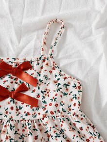 SHEIN Elladie kids 2件組女童4Y-7Y甜美碎花蝴蝶結裝飾無袖背心上衣與短褲套裝，輕盈休閒夏季日常穿著套裝 - 棕色 - 查看 5