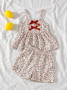 SHEIN Elladie kids 2件組女童4Y-7Y甜美碎花蝴蝶結裝飾無袖背心上衣與短褲套裝，輕盈休閒夏季日常穿著套裝 - 棕色 - 查看 3