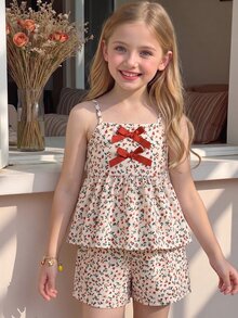 SHEIN Elladie kids 2件組女童4Y-7Y甜美碎花蝴蝶結裝飾無袖背心上衣與短褲套裝，輕盈休閒夏季日常穿著套裝 - 棕色 - 查看 9