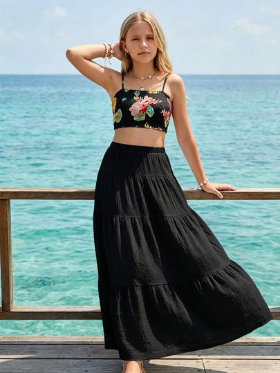 SHEIN Sparklyn 少女休閒度假風白色拼接裙，可愛校園開學秋季穿搭