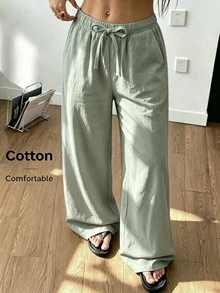 SHEIN 青少年女孩直筒春夏休閒日常百搭舒適純色長褲，附口袋，返校季女孩夏季服飾 - 獵人綠 - 查看 3