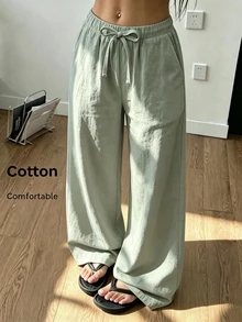 SHEIN 青少年女孩直筒春夏休閒日常百搭舒適純色長褲，附口袋，返校季女孩夏季服飾 - 獵人綠 - 查看 7