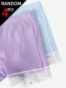 [4 Random Piece] Ribbed Knit Underwear, Soft Summer Panties With Lace Trim, High-Stretch Solid Casual Briefs For Young Girls, Daily Wear Autumn Fall - Multicolor - View 6