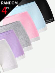 [4 Random Piece] Ribbed Knit Underwear, Soft Summer Panties With Lace Trim, High-Stretch Solid Casual Briefs For Young Girls, Daily Wear Autumn Fall - Multicolor - View 5