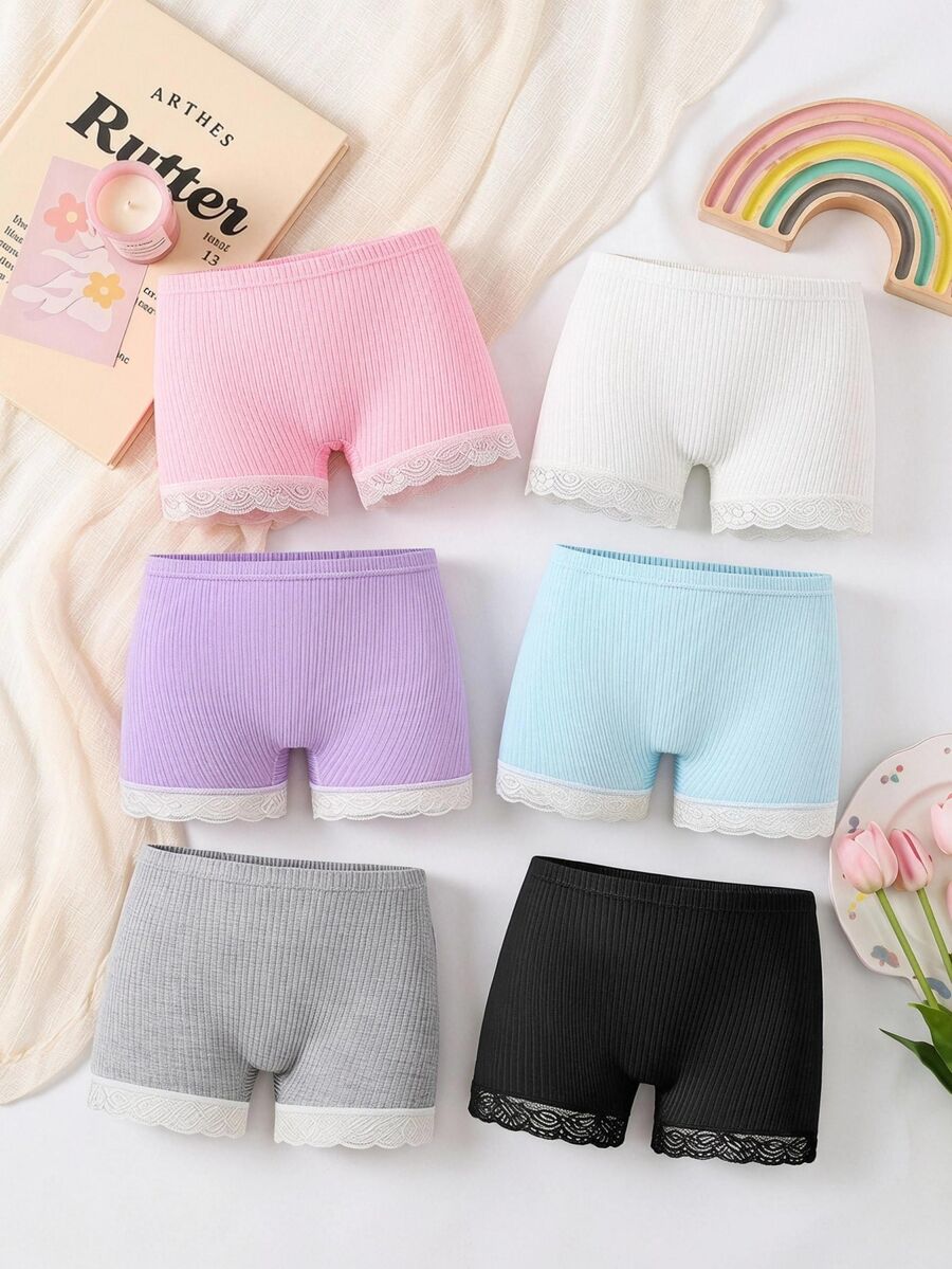 [4 Random Piece] Ribbed Knit Underwear, Soft Summer Panties With Lace Trim, High-Stretch Solid Casual Briefs For Young Girls, Daily Wear Autumn Fall - Multicolor - View 1