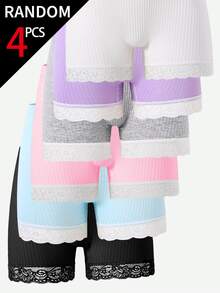 [4 Random Piece] Ribbed Knit Underwear, Soft Summer Panties With Lace Trim, High-Stretch Solid Casual Briefs For Young Girls, Daily Wear Autumn Fall - Multicolor - View 7