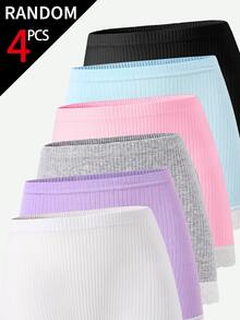 [4 Random Piece] Ribbed Knit Underwear, Soft Summer Panties With Lace Trim, High-Stretch Solid Casual Briefs For Young Girls, Daily Wear Autumn Fall - Multicolor - View 4