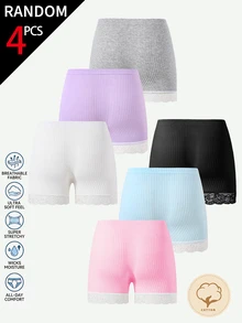 [4 Random Piece] Ribbed Knit Underwear, Soft Summer Panties With Lace Trim, High-Stretch Solid Casual Briefs For Young Girls, Daily Wear Autumn Fall - Multicolor - View 2