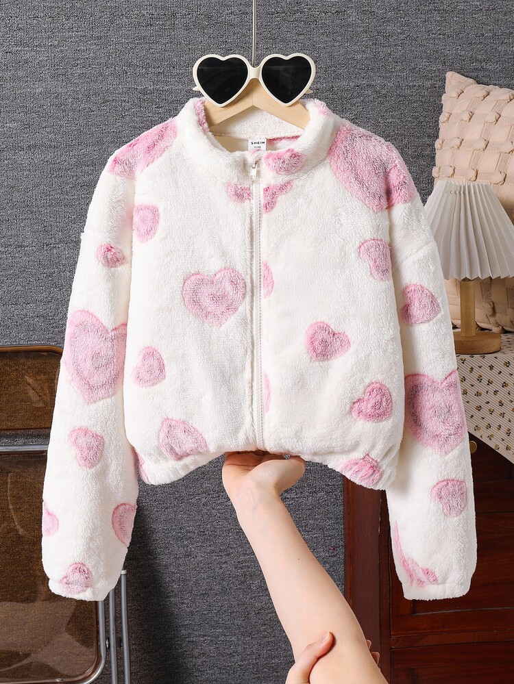 Tween Girls Pink Long Sleeve 1pc Girls Heart Graphic Print Zip-Up Stand Collar Casual Fuzzy Jacket, Autumn/Winter Fall, Back To School, Outfit - Apricot - View 6