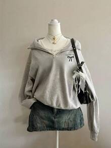 SHEIN Teen Girls Clothes Casual Fashion Striped, Casual Basic Zipper Sweatshirt, Cute, Casual, Knit, Minimalist, Loose, Floral, Crop, Fall - Grey - View 3