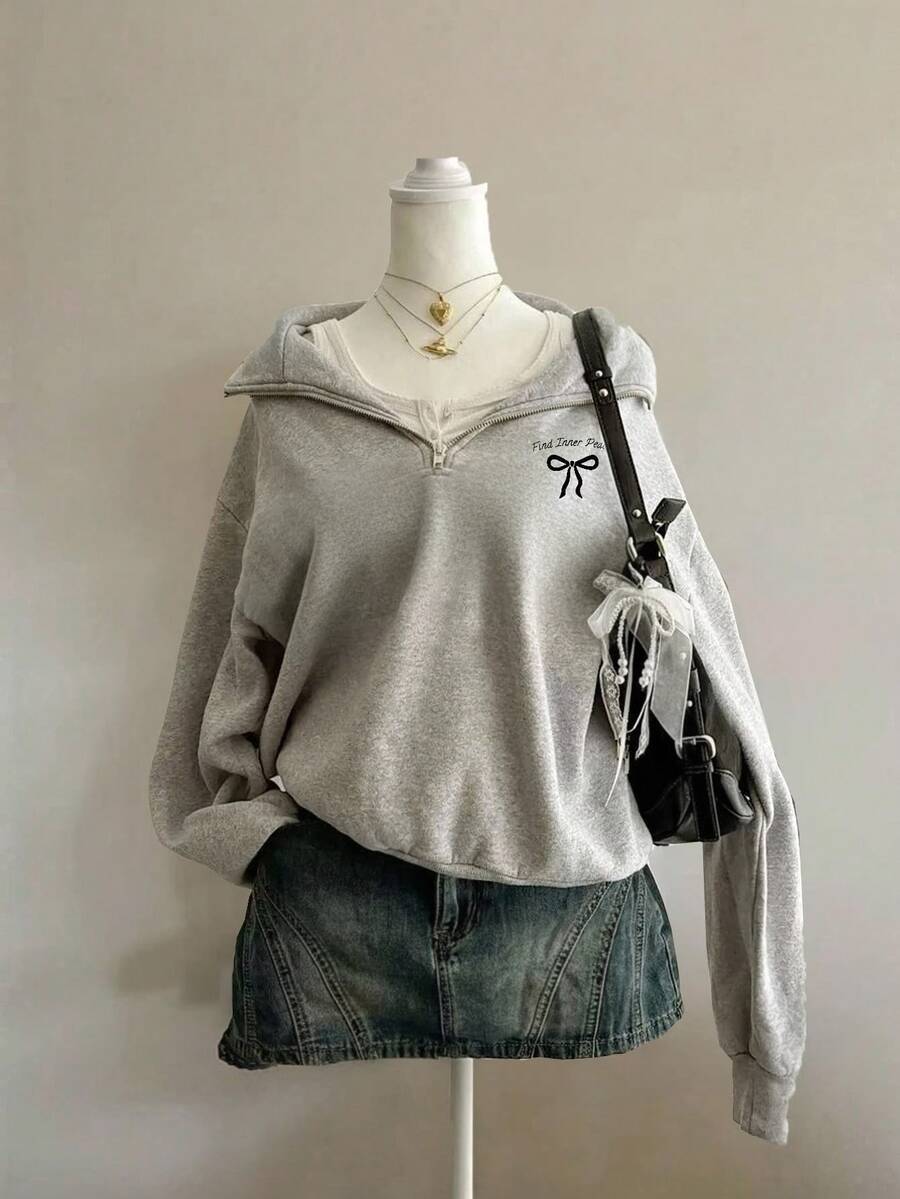 SHEIN Quần áo thời trang thường ngày cho bé gái tuổi teen, áo nỉ kéo khóa cơ bản, dễ thương, dệt kim, tối giản, dáng rộng, họa tiết hoa, dáng crop, mùa thu - Xám - Xem 1