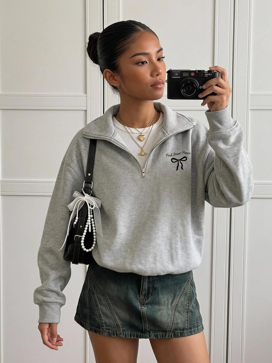 SHEIN Teen Girls Clothes Casual Fashion Striped, Casual Basic Zipper Sweatshirt, Cute, Casual, Knit, Minimalist, Loose, Floral, Crop, Fall - Grey - View 1