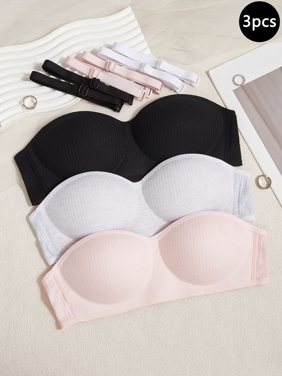 SHEIN 3pcs/Set Wireless Thin Removable Strap Solid Color Bras, Suitable For Girls & Students Casual & Sports' Fall Winter - Multicolor - View 1