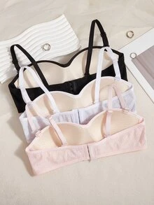 SHEIN 3件套无钢圈薄款可拆卸肩带纯色文胸，适合女生和学生休闲运动 - 彩色 - 查看 2