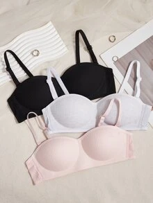 SHEIN 3件套无钢圈薄款可拆卸肩带纯色文胸，适合女生和学生休闲运动 - 彩色 - 查看 4