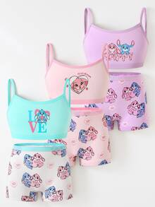 6pcs/Set Young Girl Cute Mischievous Bunny Print Organic Cotton Camisole And Briefs Underwear Set For Night,Back To School,Fall Winter,Baby Pink - Multicolor - View 4