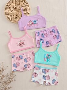 6pcs/Set Young Girl Cute Mischievous Bunny Print Organic Cotton Camisole And Briefs Underwear Set For Night,Back To School,Fall Winter,Baby Pink - Multicolor - View 1