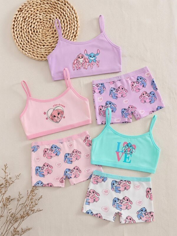 6pcs/Set Young Girl Cute Mischievous Bunny Print Organic Cotton Camisole And Briefs Underwear Set For Night,Back To School,Fall Winter,Baby Pink