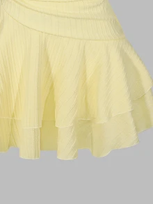 Sparklyn Teen Girls Elegant Yellow Textured Fabric Ruched Front Metallic Decor Layered Ruffle Hem Flirty Mini Dress Teen GirlBeach Vacation, Spring, Outfits - Yellow - View 6