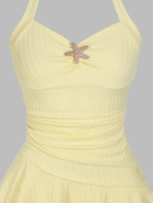 Sparklyn Teen Girls Elegant Yellow Textured Fabric Ruched Front Metallic Decor Layered Ruffle Hem Flirty Mini Dress Teen GirlBeach Vacation, Spring, Outfits - Yellow - View 3