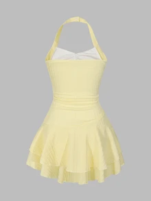 Sparklyn Teen Girls Elegant Yellow Textured Fabric Ruched Front Metallic Decor Layered Ruffle Hem Flirty Mini Dress Teen GirlBeach Vacation, Spring, Outfits - Yellow - View 5